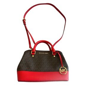 Michael‎ Kors Signature Monogram Dome Satchel Crossbody Bag Red Leather Trim